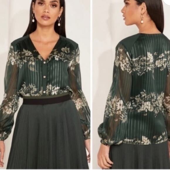 Ted Baker Evelin Floral Print Metallic Crepe Long Sheer Sleeve Green Blouse Sz 4 - Picture 4 of 15